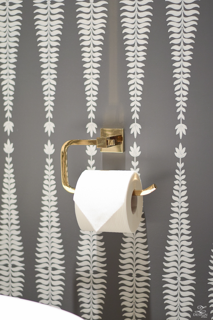 brass toilet paper holder bath fixtures Beautifully decorated powder room with schumacher fern tree wallpaper in graphite -1