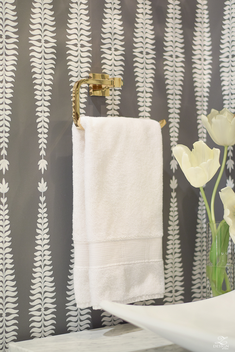 brass toilet paper holder bath fixtures Beautifully decorated powder room with schumacher fern tree wallpaper in graphite -2