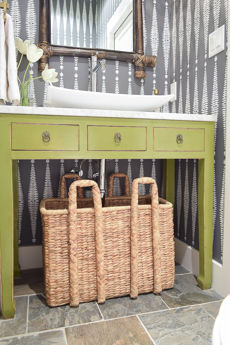 writing desk used as powder room vanity retrofit furniture to vanity shcumacher wall paper fern tree basket under vanity marble in powder room-2