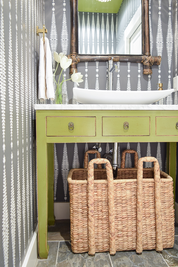 writing desk used as powder room vanity retrofit furniture to vanity shcumacher wall paper fern tree basket under vanity marble in powder room-3