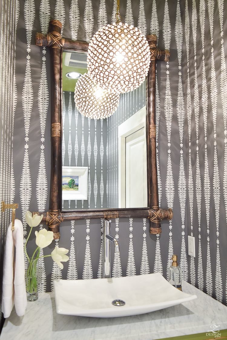 zdesign at home powder room bathroom bamboo mirror schumacher wallpaper white vessel sink brass beaded pendant -2