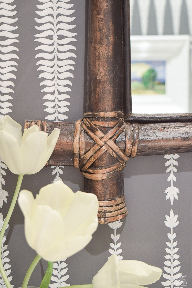 zdesign at home powder room bathroom bamboo mirror schumacher wallpaper white vessel sink brass beaded pendant -3