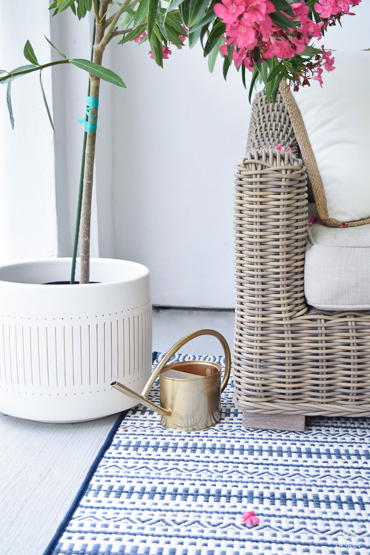 gold watering can mid century modern planter blue and white outdoor rug-1