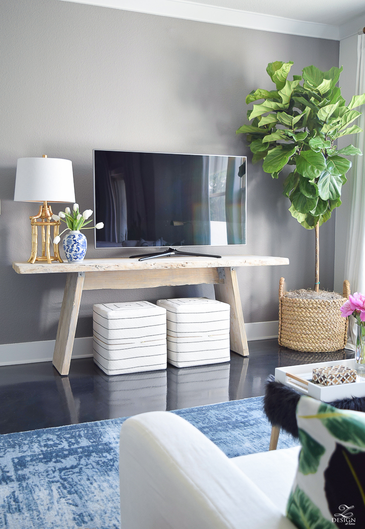 tv wall fiddle leaf fig in basket toulouse ottoman cubes black and white gold bamboo lamp blue vintage inspired rug gray accent wall summer home tour -3