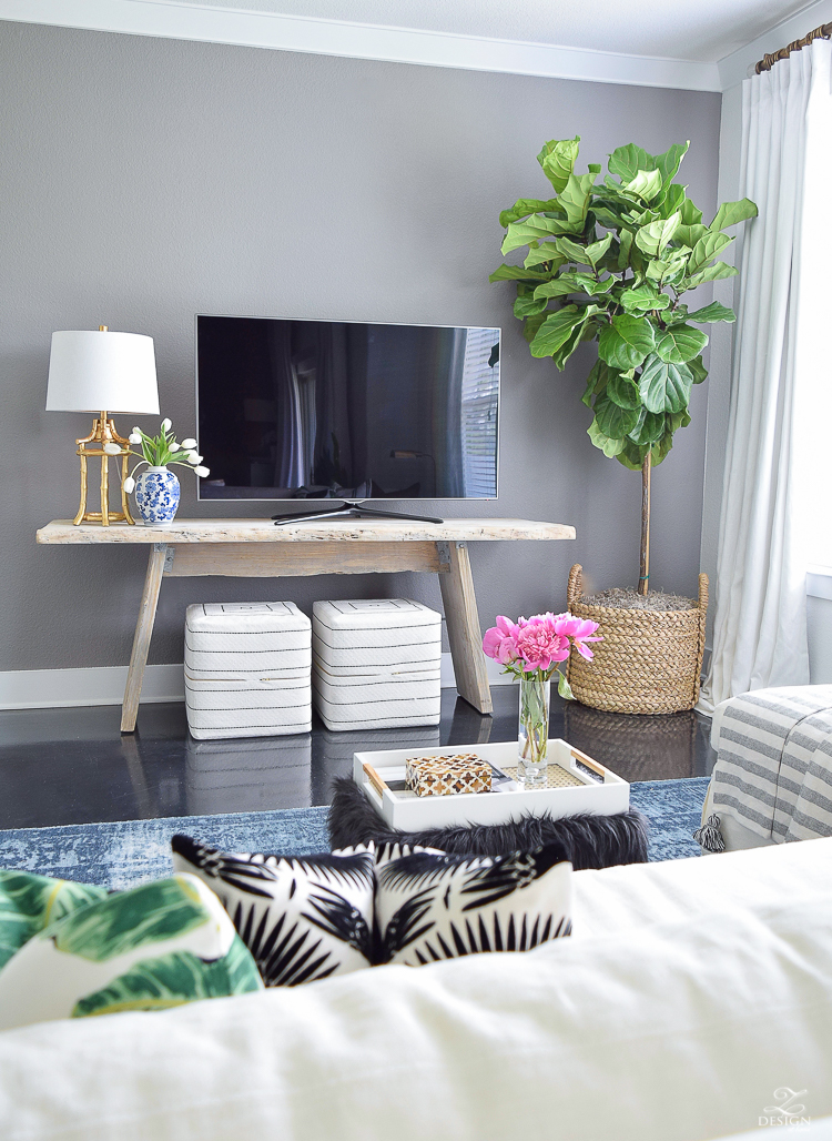 tv wall fiddle leaf fig in basket toulouse ottoman cubes black and white gold bamboo lamp blue vintage inspired rug gray accent wall summer home tour -4