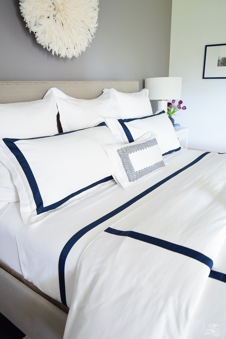 Review of Boll & Branch Sheets White Hotel Bedding with Navy band Navy cable knit throw softest sheets the best bedding ZDesign At Home Apartment bedroom navy and white banded duvet-12