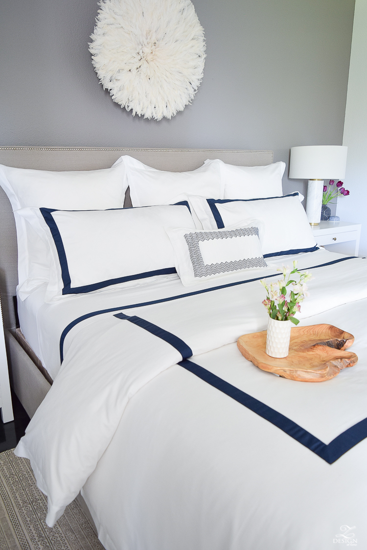 Review of Boll & Branch Sheets White Hotel Bedding with Navy band Navy cable knit throw softest sheets the best bedding ZDesign At Home Apartment bedroom navy and white banded duvet-2
