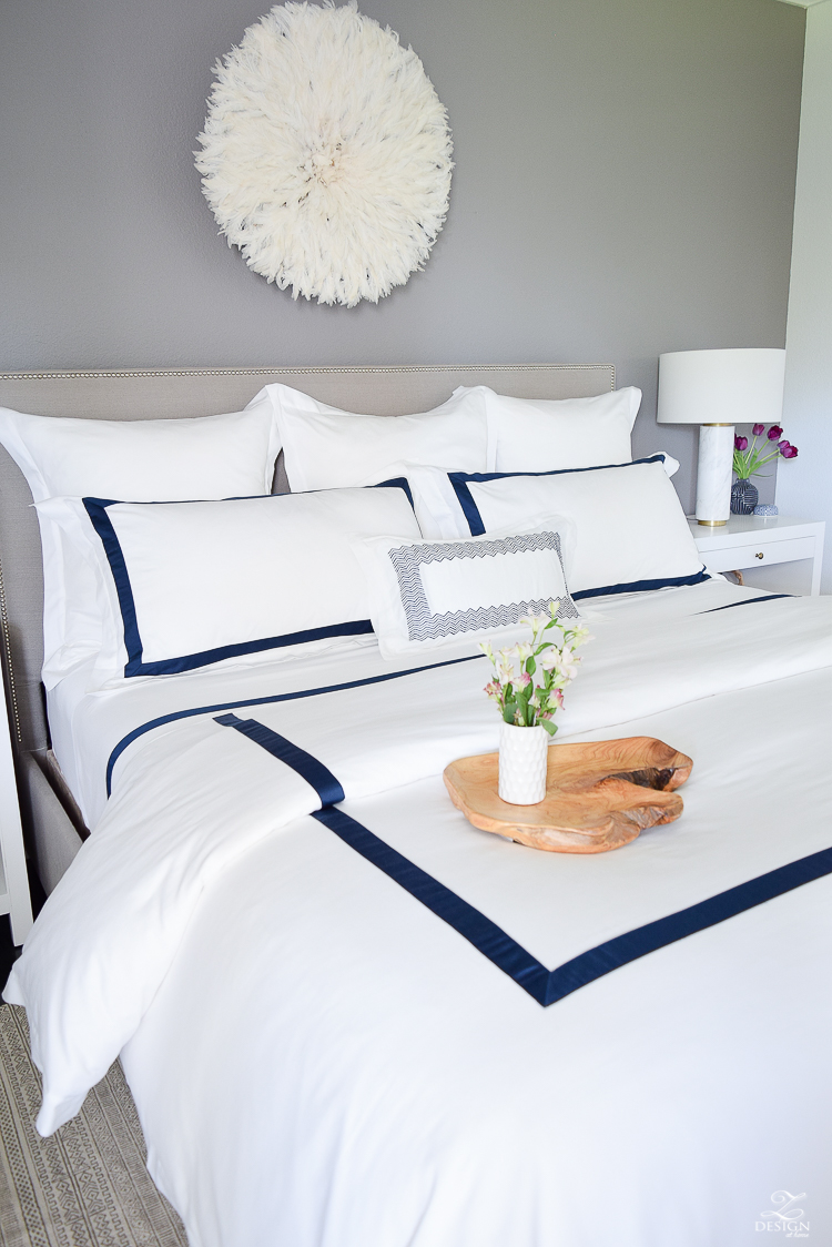 Review of Boll & Branch Sheets White Hotel Bedding with Navy band Navy cable knit throw softest sheets the best bedding ZDesign At Home Apartment bedroom navy and white banded duvet-3