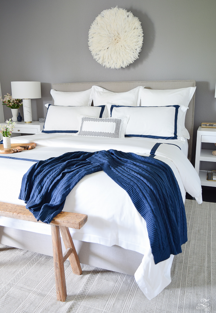 Review of Boll & Branch Sheets White Hotel Bedding with Navy band Navy cable knit throw softest sheets the best bedding ZDesign At Home Apartment bedroom navy and white banded duvet-5