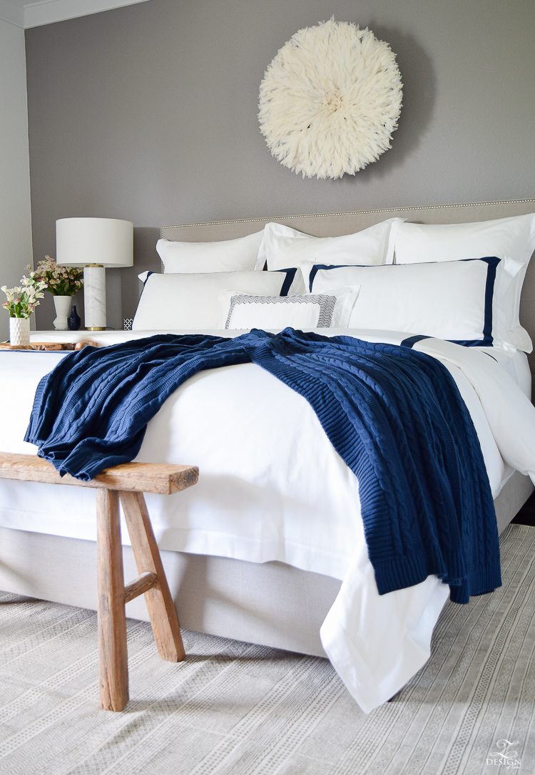 Review of Boll & Branch Sheets White Hotel Bedding with Navy band Navy cable knit throw softest sheets the best bedding ZDesign At Home Apartment bedroom navy and white banded duvet-6