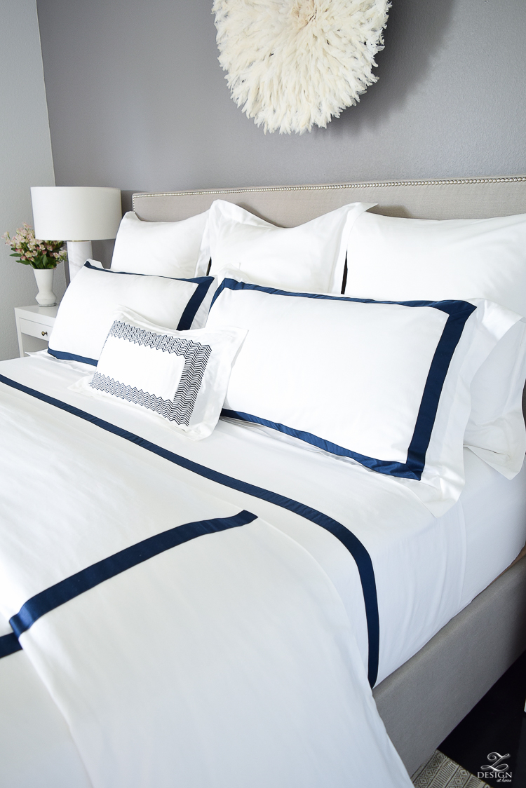 Review of Boll & Branch Sheets White Hotel Bedding with Navy band Navy cable knit throw softest sheets the best bedding ZDesign At Home Apartment bedroom navy and white banded duvet-8
