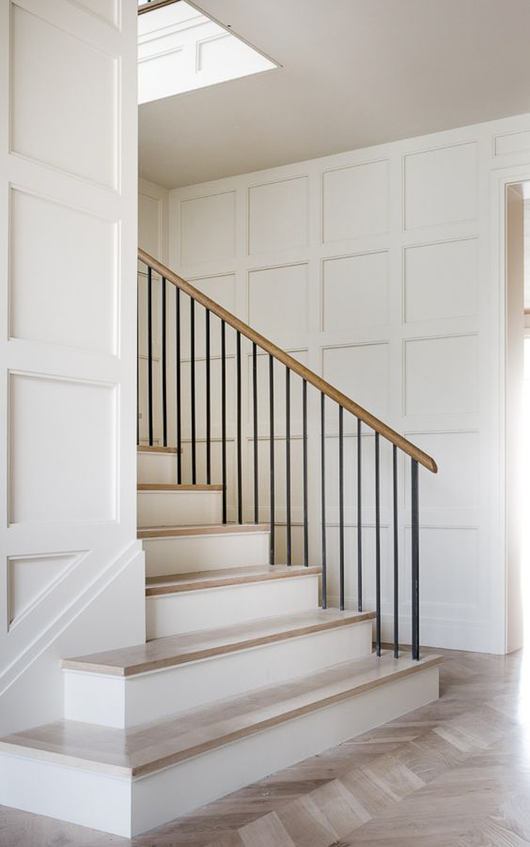 Custom Home Build Journey Inspiration Building a custom home in houston, texas grid pattern in staircase with contemporary hand rail