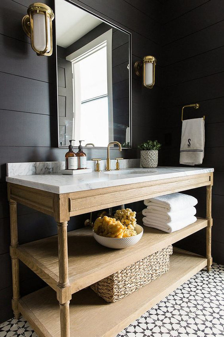 Custom Home Build Journey Inspiration Building a custom home in houston, texas bathroom with black shiplap by Studio McGee