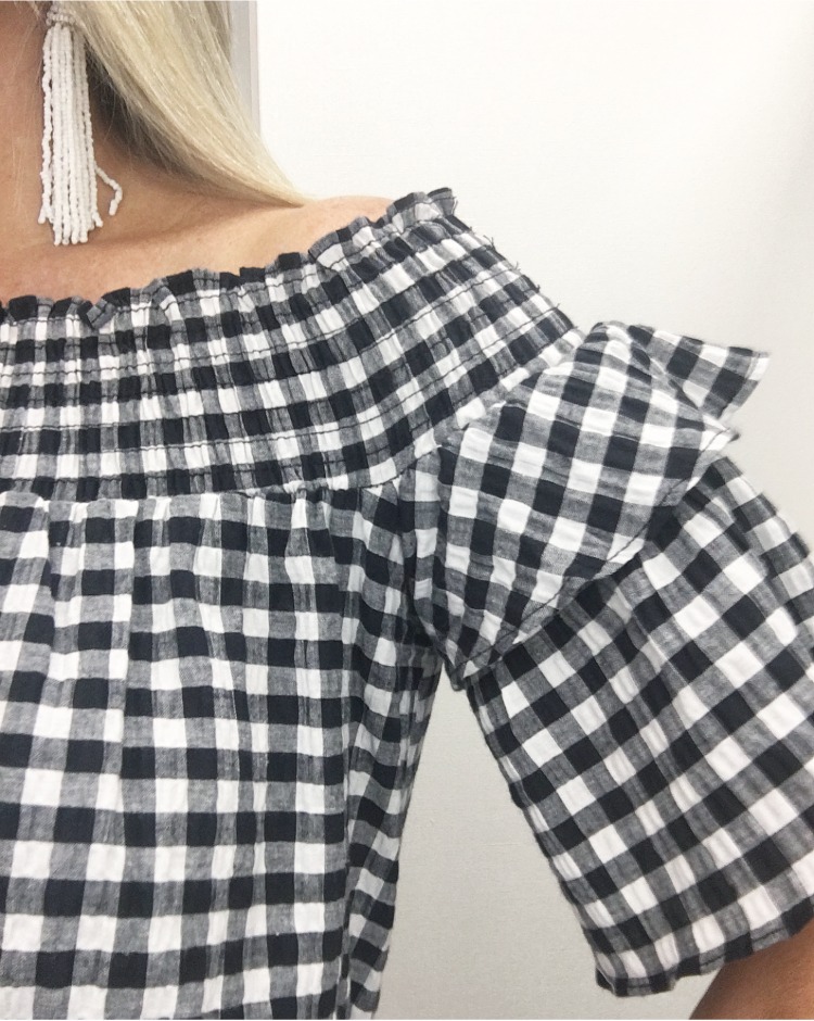 black and white ruffle gingham off the shoulder top