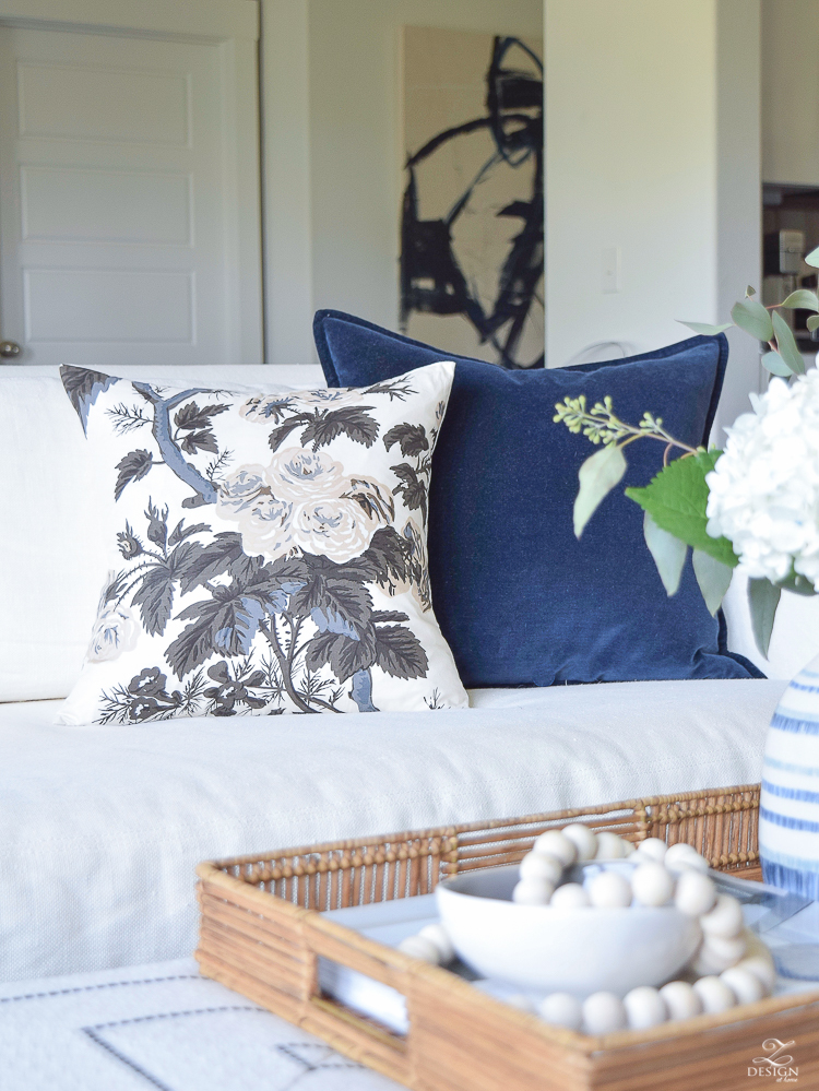 Fall Home Tour Holly Hock Pillow Cover navy velvet pillow cover boho rattan tray washed velvet pillow in navy