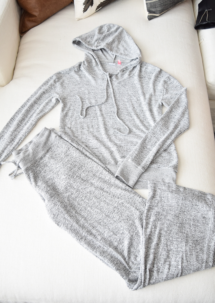 The softest PJ's the most comfortable pjs make and model gray and black pjs with hoodie