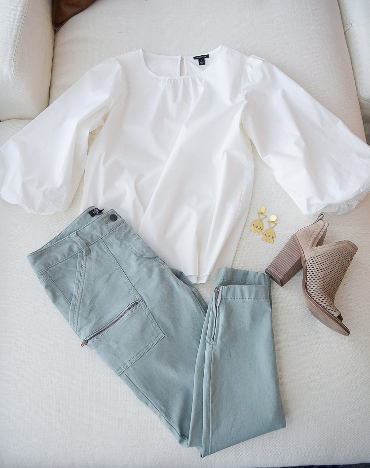 The best cargo zipper pants and poof sleeve white blouse