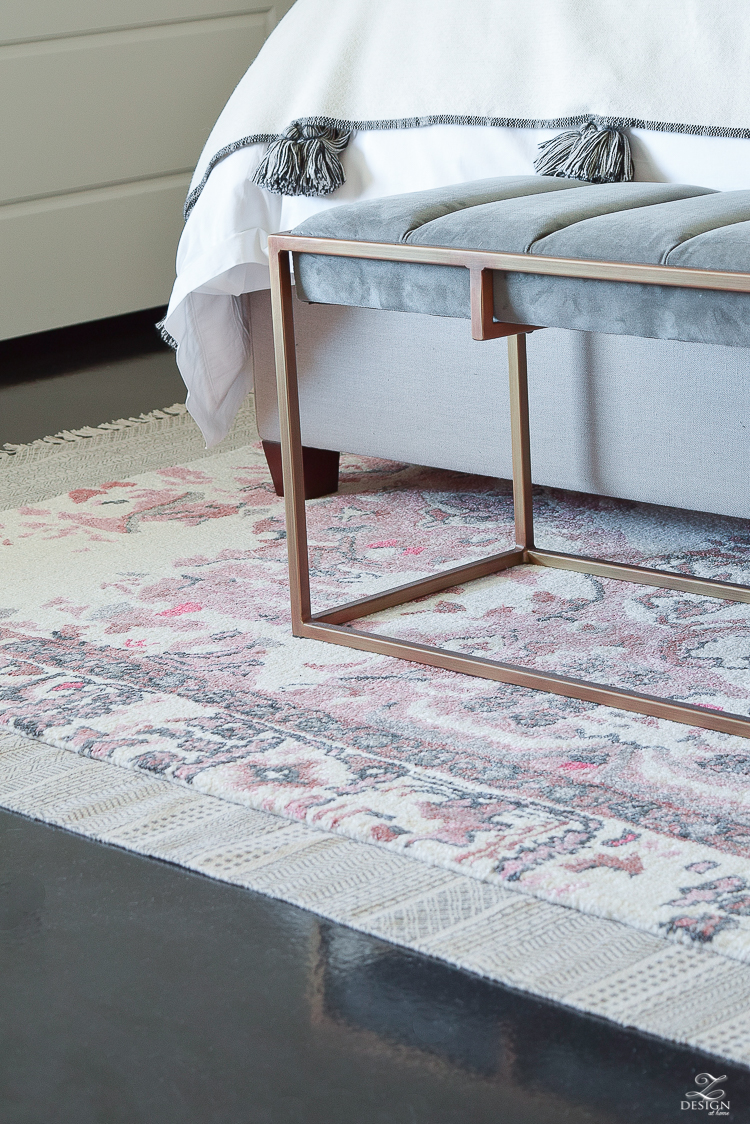 Vintage Inspired Distressed Motif Rug in blush and gray + modern gray velvet bench with brass legs