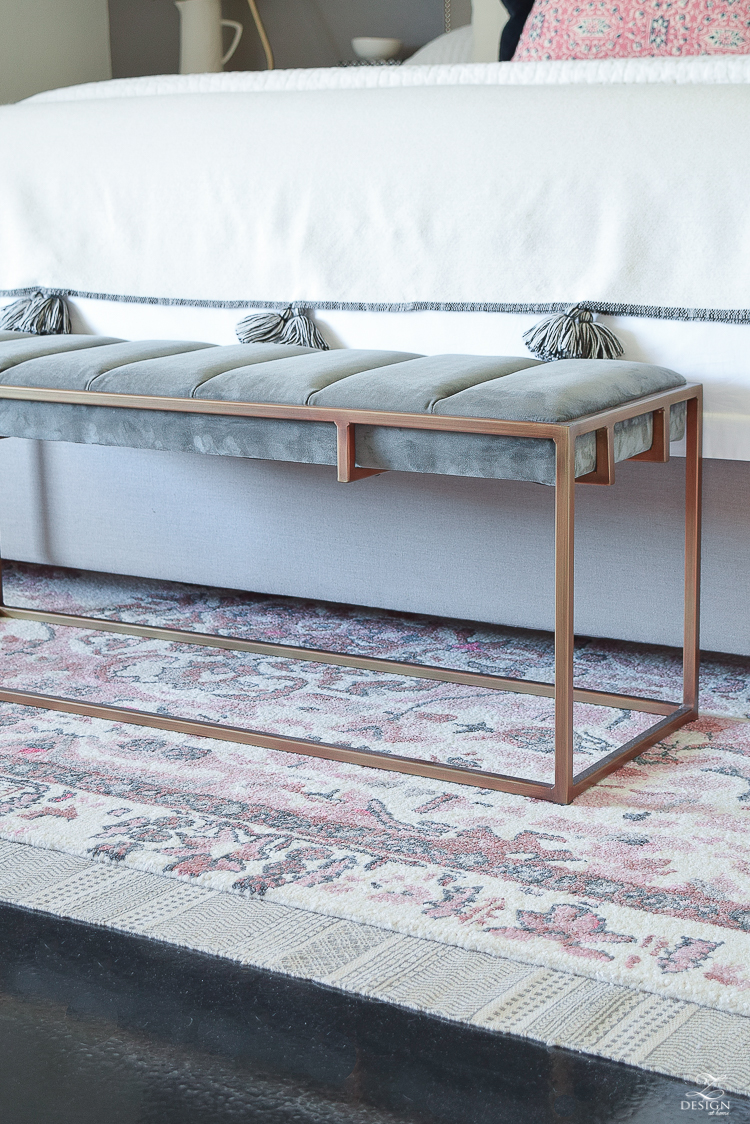 Vintage Inspired Distressed Motif Rug in blush and gray + modern gray bench with brass legs