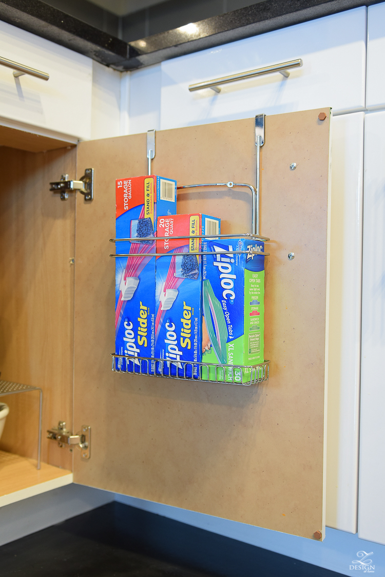 Over cabinet organizer for aluminum foil, zip lock bags, etc