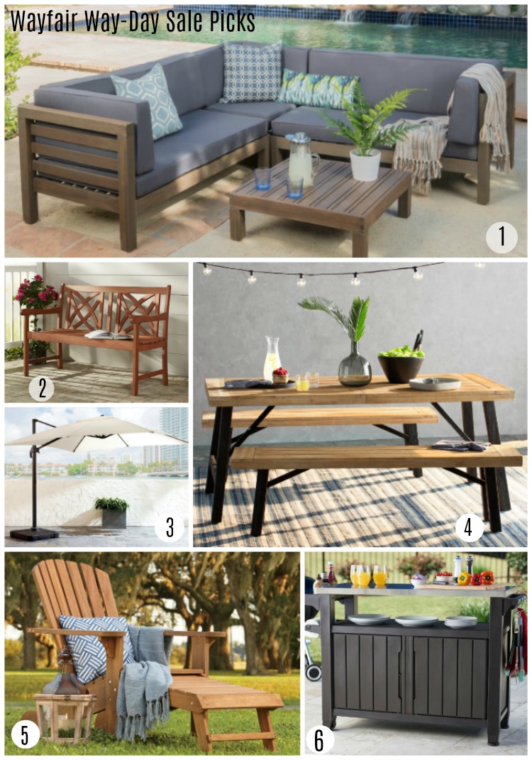 Wayfair Way-Day Top Picks for Furniture -Adirondack chair, outdoor sofas, dining tables, umbrellas, rolling caster bar cart, garden bench