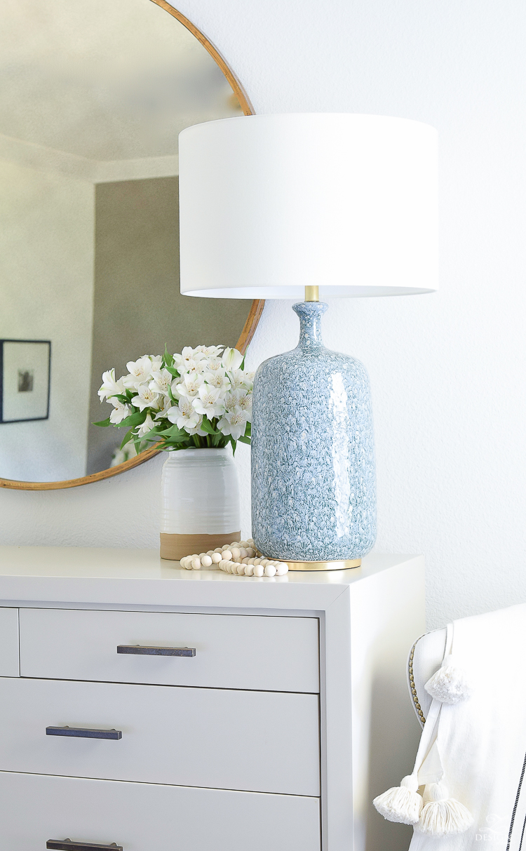 Beautiful blue lamps with brass and gold accents, white linen shade