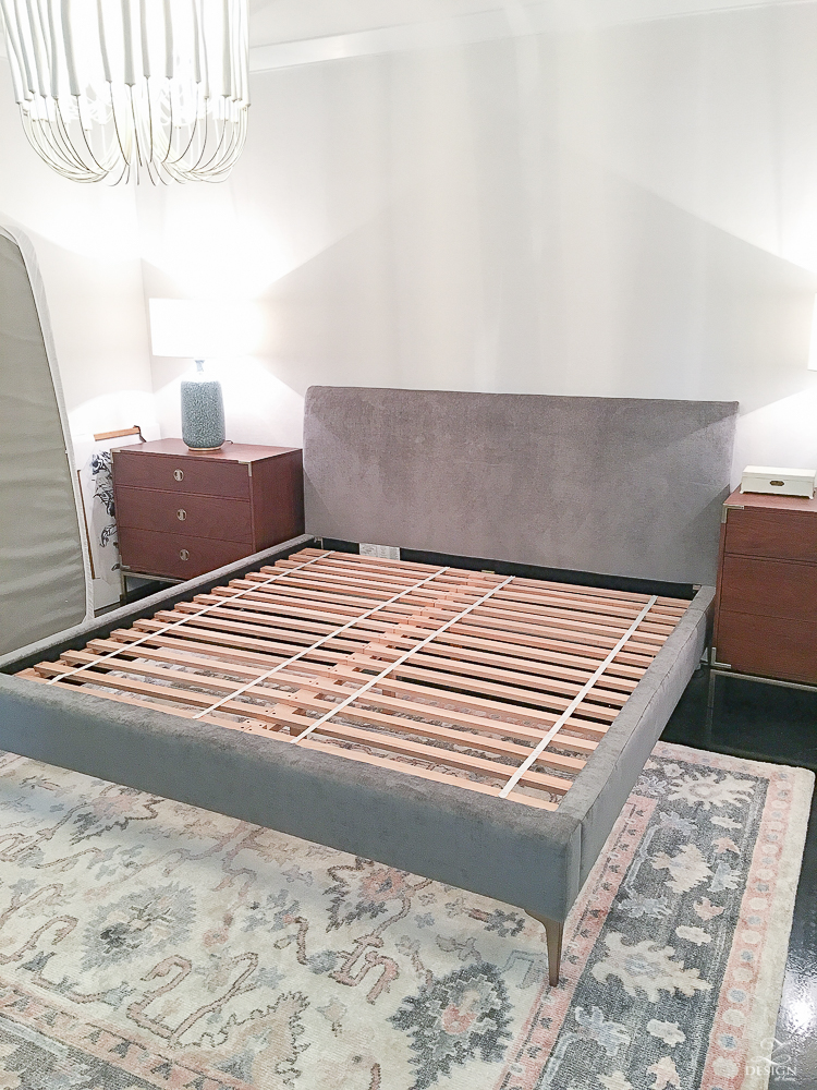 Andes upholstered bed while being put together - slats/support shown