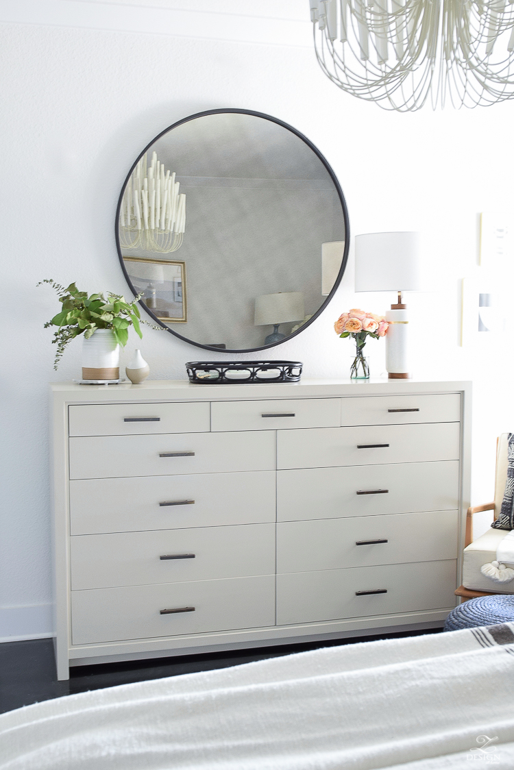 Summer bedroom tour - oversized dresser with black round mirror