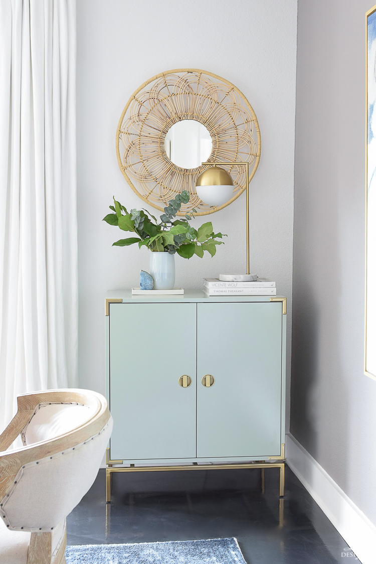 Summer Home Tour - Mint bar cabinet w/ rattan floral mirror