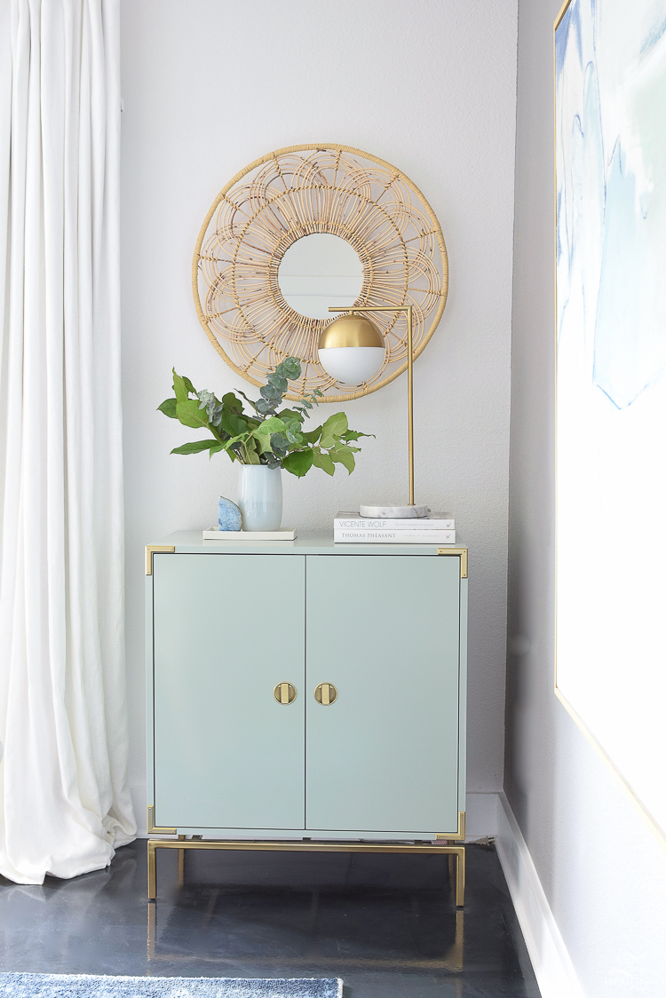 Boho Chic Summer Dining Room Tour - Mint Bar Cabinet w/ Rattan Floral Mirror