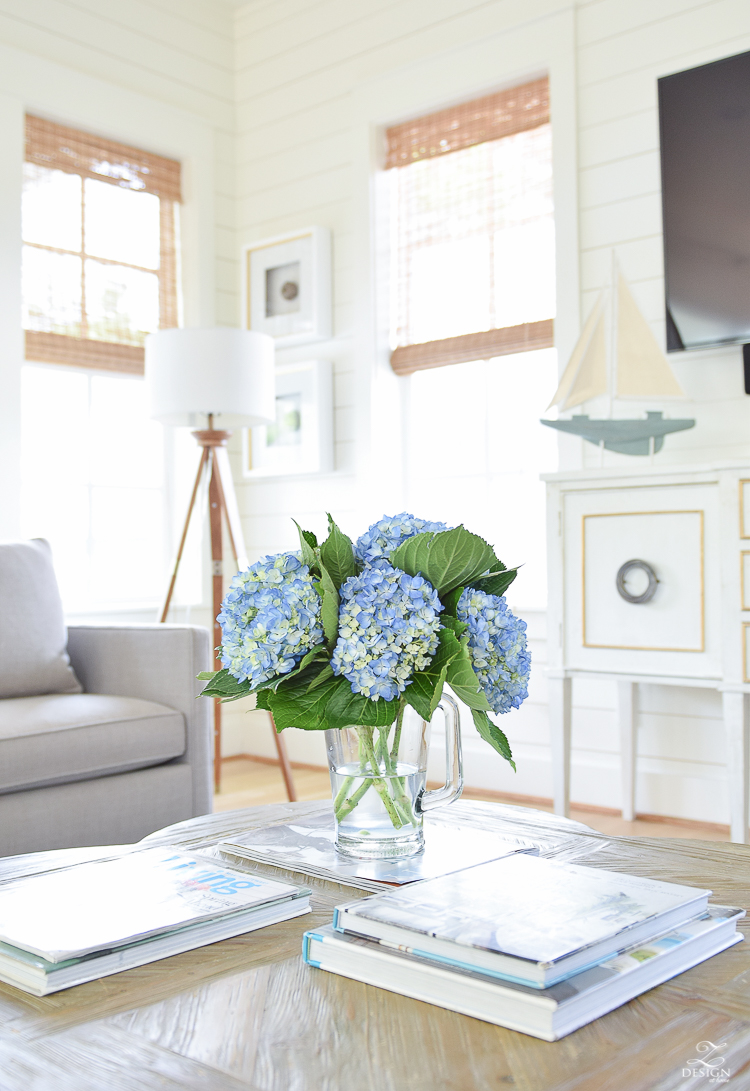 Beautiful Coastal Inspired Living Room in 30-A Florida - blue hydrangeas