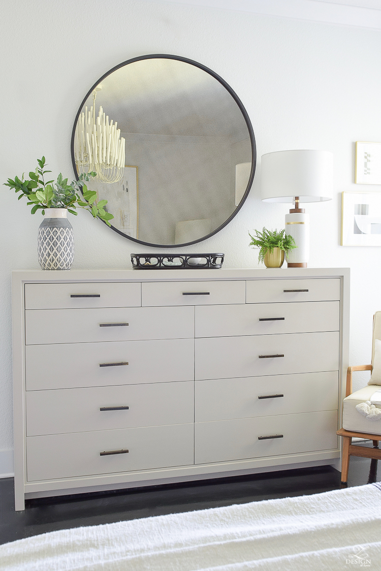 Late Summer Refresh Tips & Home Tour - bedroom dresser decor, black round mirror