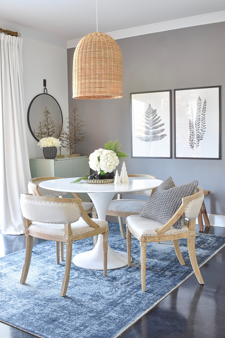 Styled For The Season Christmas Tour - Dining Room w/ basket pendant and black and white botanical art