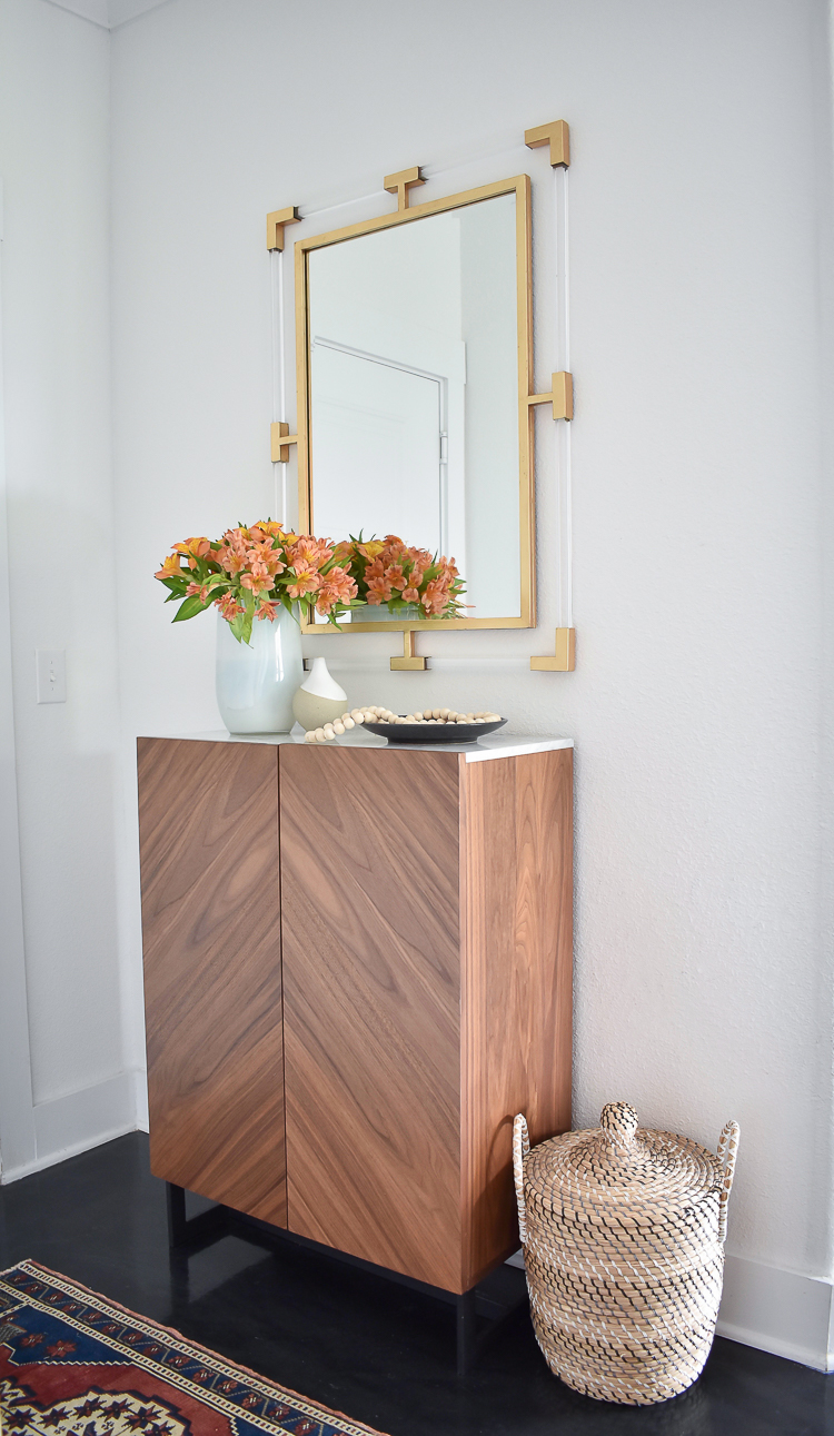 Small Transitional Entry That Packs A Big Punch - Modern Entry Cabinet w/ Marble Top & Lucite / Gold Mirror