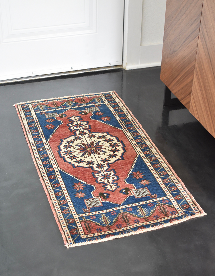 Small Transitional Entryway That Packs A Big Punch - 2x4 Turkish Rug in Blue, Rust & Cream