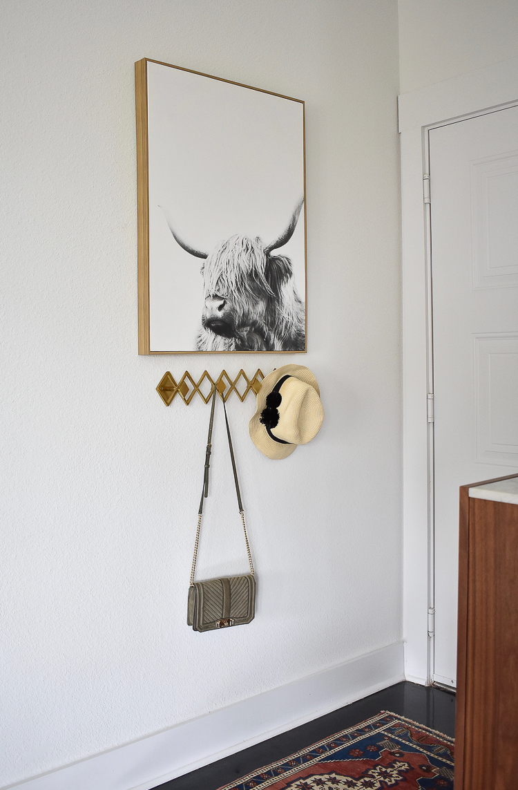 Small Transitional Entry That Packs A Big Punch - Geo brass wall multi wall hook and bull art on canvas