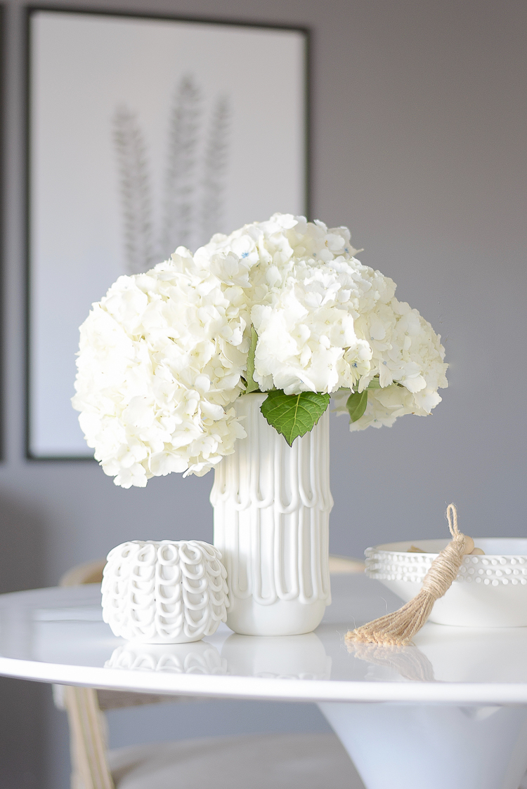 Dining Room Plans - Tufted Vases & bowl, potted faux fern in wooden pot