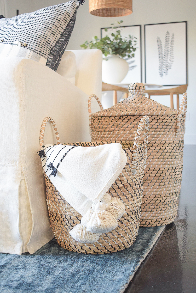 Creating a cozy winter home - tips + tour - lidded baskets with tassel throw