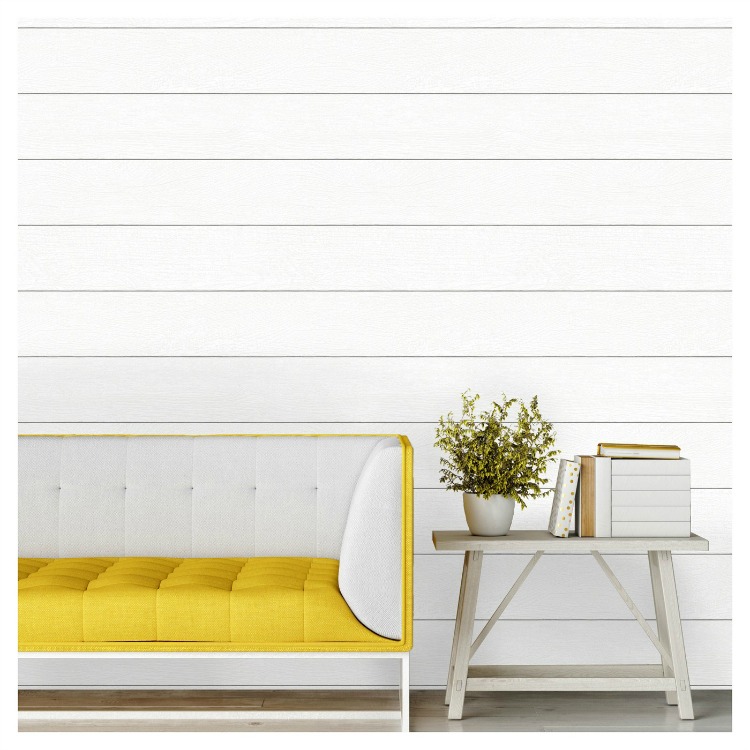 Dining room plans - white shiplap wallpaper