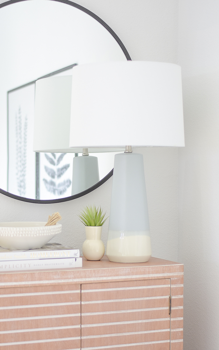 Boho chic dining room reveal - geometric light blue lamp