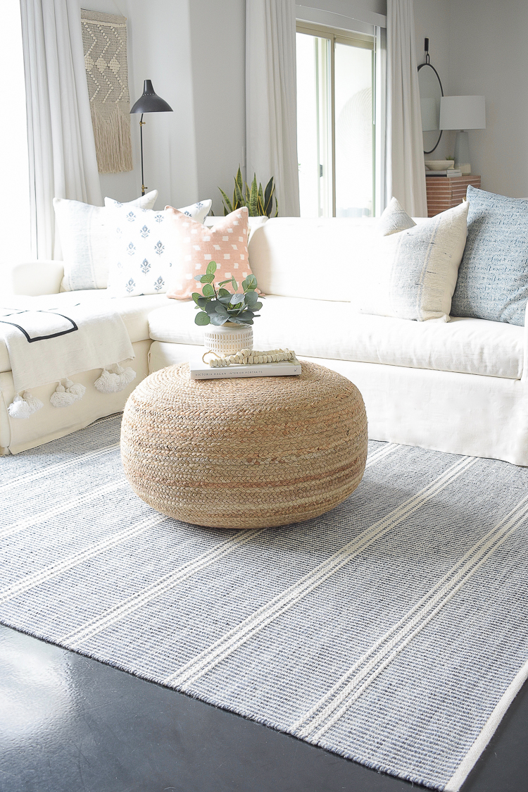 Light & Airy Spring Living Room Tour - blue and white natural women rug