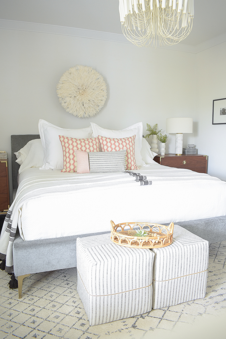 Styled for the season spring tour - boho chic bedroom, white bedding, coral pillows