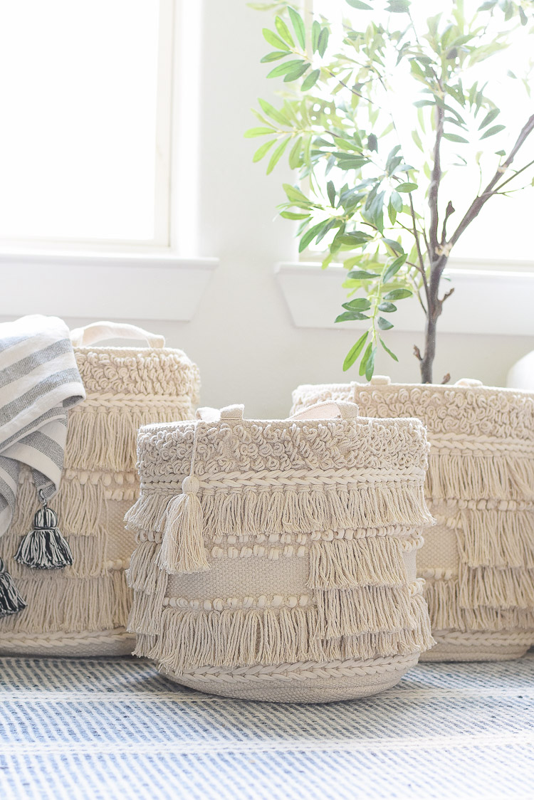 Drew Barrymore Flower Home Line at Walmart - adding pops of color and texture to a neutral home - macrame basket set of 3
