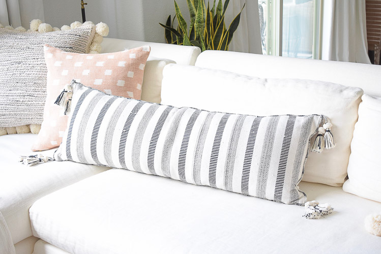 Black and white pom pom striped tassel pillows, summer living room home tour