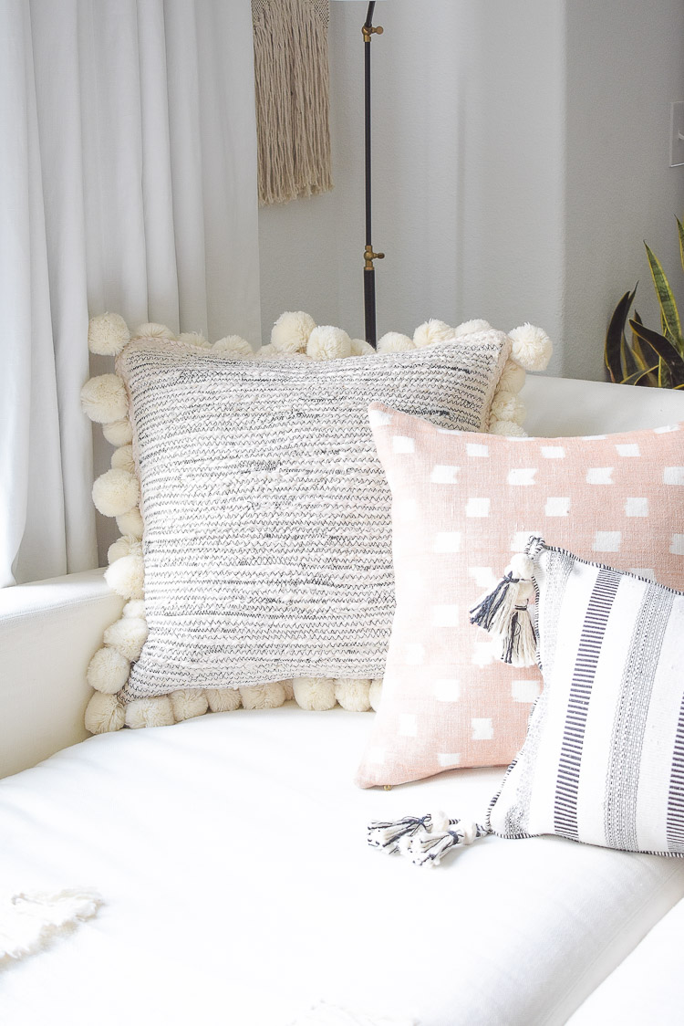 Black and white pom pom tassel pillows, summer living room home tour