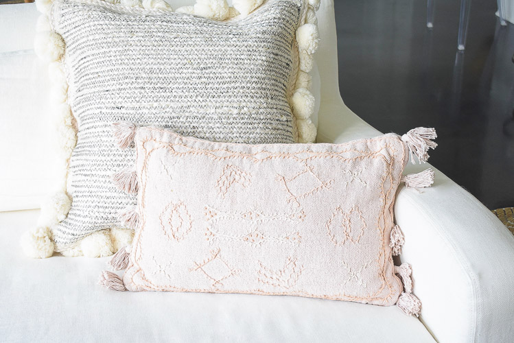 Black and white blush embroidered pom pom tassel pillows, summer living room home tour