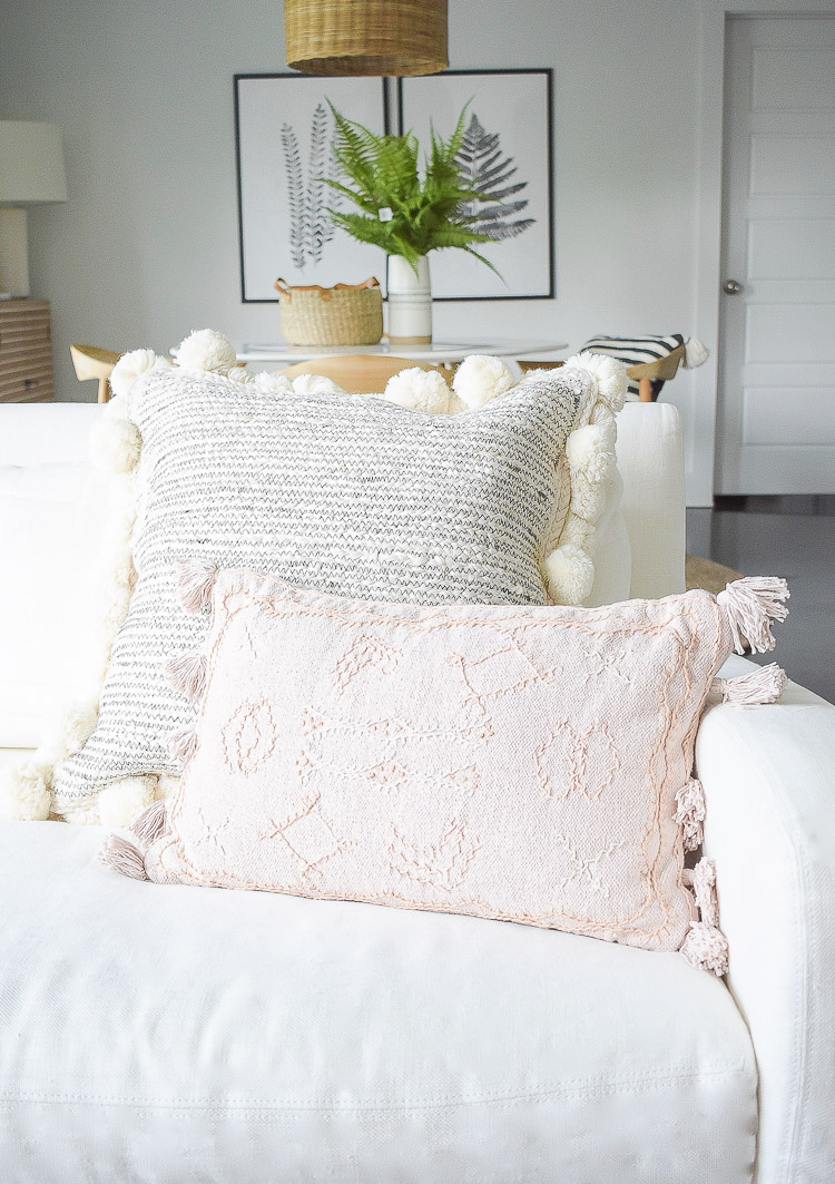 Black and white blush embroidered pom pom tassel pillows, summer living room home tour