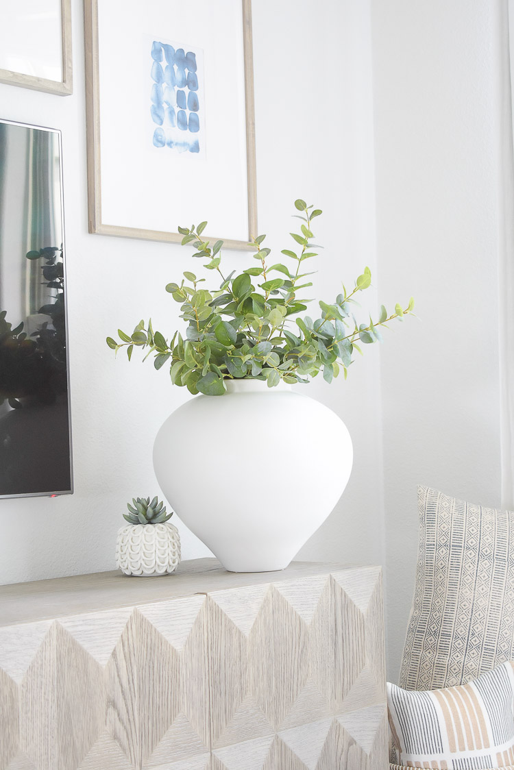 ZDesign At Home Summer Living Room Home Tour - large white vase, urn best faux eucalyptus 