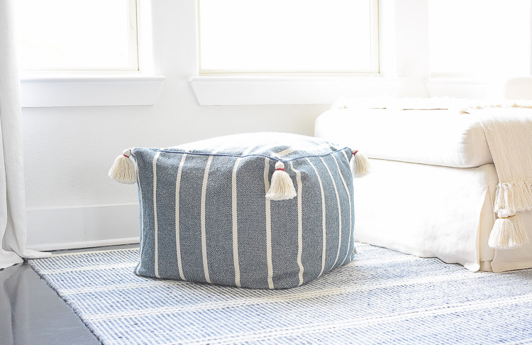 Summer Home Tour - blue and white striped tassel pouf