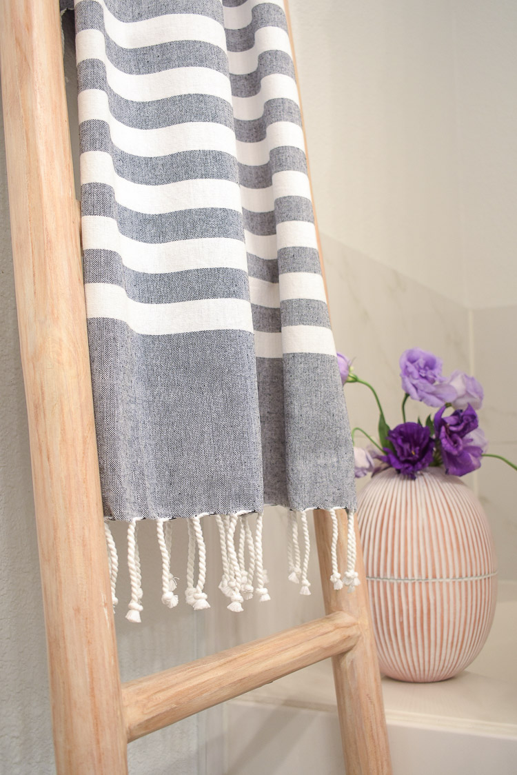 Vintage done modern home decor and accessories - gray and white striped turkish bath towel with fringe 